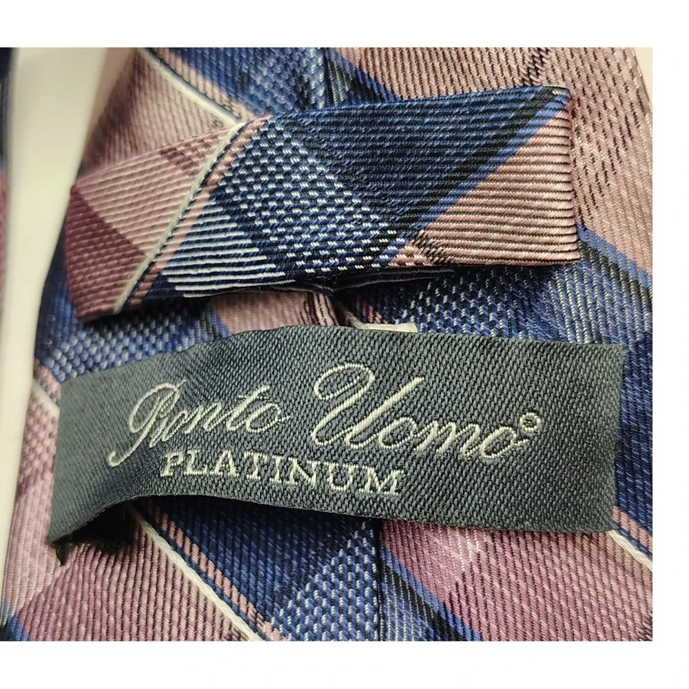 Punto Uomo Platinum Men's Silk‎ Blend Plaid Necktie Blue Pink Tan